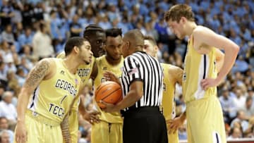 CHAPEL HILL, NC - JANUARY 20: Official Ted Valentine talks to the Georgia Tech Yellow Jackets during their game against the North Carolina Tar Heels at Dean Smith Center on January 20, 2018 in Chapel Hill, North Carolina. (Photo by Streeter Lecka/Getty Images)