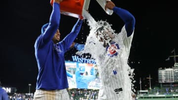 CHICAGO, ILLINOIS - SEPTEMBER 19: Alexander Canario #4 of the Chicago Cubs is doused with water by Christopher Morel #5 after the game against the Pittsburgh Pirates at Wrigley Field on September 19, 2023 in Chicago, Illinois. (Photo by Michael Reaves/Getty Images)