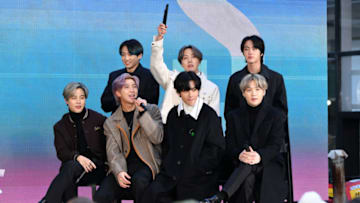 NEW YORK, NEW YORK - FEBRUARY 21: (L-R) Jimin, Jungkook, RM, J-Hope, V, Jin, and SUGA of the K-pop boy band BTS visit the "Today" Show at Rockefeller Plaza on February 21, 2020 in New York City. (Photo by Dia Dipasupil/Getty Images)