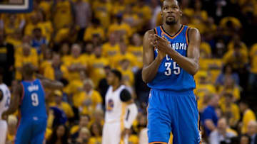 May 16, 2016; Oakland, CA, USA; Oklahoma City Thunder forward Kevin Durant (35) celebrates after a basket against the Golden State Warriors during the fourth quarter in game one of the Western conference finals of the NBA Playoffs at Oracle Arena. The Oklahoma City Thunder defeated the Golden State Warriors 108-102. Mandatory Credit: Kelley L Cox-USA TODAY Sports