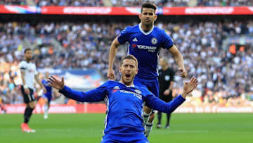 LONDON, ENGLAND - APRIL 22: Eden Hazard of Chelsea celebrates scoring his sides third goal with Diego Costa of Chelsea during The Emirates FA Cup Semi-Final between Chelsea and Tottenham Hotspur at Wembley Stadium on April 22, 2017 in London, England. (Photo by Richard Heathcote/Getty Images)