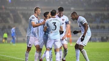 Said Benrahma celebrates with teammates after scoring the team's second goal against KRC Genk in the Europa League. (Photo by Frederic Scheidemann/Getty Images)