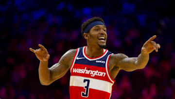 PHILADELPHIA, PA - OCTOBER 18: Bradley Beal #3 of the Washington Wizards calls out to his team against the Philadelphia 76ers during the preseason game at the Wells Fargo Center on October 18, 2019 in Philadelphia, Pennsylvania. NOTE TO USER: User expressly acknowledges and agrees that, by downloading and or using this photograph, User is consenting to the terms and conditions of the Getty Images License Agreement.(Photo by Mitchell Leff/Getty Images)