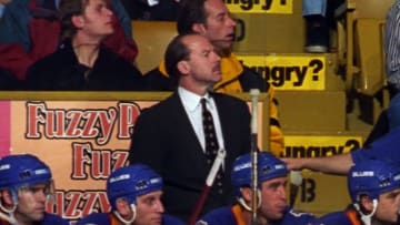 TORONTO, ON - DECEMBER 3: Head coach Mike Keenan of the St. Louis Blues watches the play against the Toronto Maple Leafs during NHL game action on December 3, 1996 at Maple Leaf Gardens in Toronto, Ontario, Canada. (Photo by Graig Abel/Getty Images)
