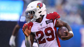 EAST RUTHERFORD, NJ - OCTOBER 20: Arizona Cardinals running back Chase Edmonds (29) scores his third touchdown during the third quarter of the National Football League game between the New York Giants and the Arizona Cardinals on October 20, 2019 at MetLife Stadium in East Rutherford, NJ. (Photo by Rich Graessle/Icon Sportswire via Getty Images)