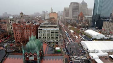 Apr 20, 2015; Boston, MA, USA; An aerial view of runners walking towards the Boston Commons in the rain after finishing the 2015 Boston Marathon. Mandatory Credit: Brian Fluharty-USA TODAY Sports