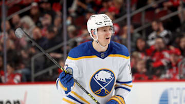 NEWARK, NEW JERSEY - APRIL 21: Henri Jokiharju #10 of the Buffalo Sabres skates during the third period against the New Jersey Devils at Prudential Center on April 21, 2022 in Newark, New Jersey. The Buffalo Sabres defeated the New Jersey Devils 5-2. (Photo by Elsa/Getty Images)