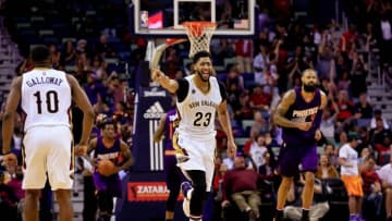 Nov 4, 2016; New Orleans, LA, USA; New Orleans Pelicans forward Anthony Davis (23) reacts after guard Langston Galloway (10) scores during the second half of a game against the Phoenix Suns at the Smoothie King Center. The Suns defeated the Pelicans 112-111 in overtime. Mandatory Credit: Derick E. Hingle-USA TODAY Sports