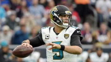Jan 3, 2016; Houston, TX, USA; Jacksonville Jaguars quarterback Blake Bortles (5) throws the ball against the Houston Texans at NRG Stadium. Mandatory Credit: Kirby Lee-USA TODAY Sports