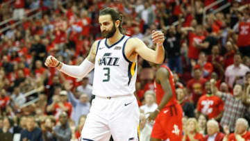 HOUSTON, TX - APRIL 24: Ricky Rubio #3 of the Utah Jazz reacts in the second half during Game Five of the first round of the 2019 NBA Western Conference Playoffs between the Houston Rockets and the Utah Jazz at Toyota Center on April 24, 2019 in Houston, Texas. NOTE TO USER: User expressly acknowledges and agrees that, by downloading and or using this photograph, User is consenting to the terms and conditions of the Getty Images License Agreement. (Photo by Tim Warner/Getty Images)