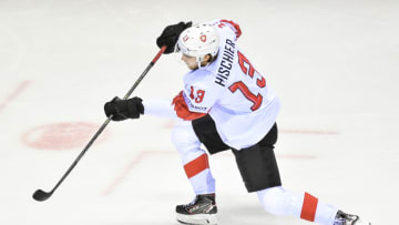 KOSICE, SLOVAKIA - MAY 23: Nico Hischier #13 of Switzerland during warm-up before the 2019 IIHF Ice Hockey World Championship Slovakia quarter final game between Canada and Switzerland at Steel Arena on May 23, 2019 in Kosice, Slovakia. (Photo by Lukasz Laskowski/PressFocus/MB Media/Getty Images)