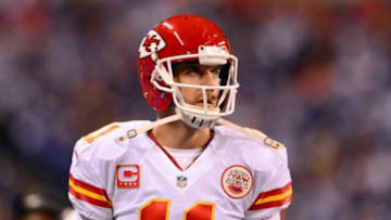 Jan 4, 2014; Indianapolis, IN, USA; Kansas City Chiefs quarterback Alex Smith (11) on the sidelines during the second quarter of the 2013 AFC wild card playoff football game against the Indianapolis Colts at Lucas Oil Stadium. Mandatory Credit: Andrew Weber-USA TODAY Sports