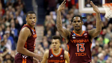 WASHINGTON, DC - MARCH 29: Ahmed Hill #13 of the Virginia Tech Hokies celebrates a three point basket against the Duke Blue Devils during the first half in the East Regional game of the 2019 NCAA Men's Basketball Tournament at Capital One Arena on March 29, 2019 in Washington, DC. (Photo by Patrick Smith/Getty Images)