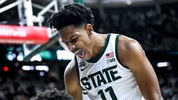 Michigan State's A.J. Hoggard reacts after Malik Hall is fouled on a basket against Michigan during the first half on Saturday, Jan. 29, 2022, at the Breslin Center in East Lansing.220129 Msu Mich 130a