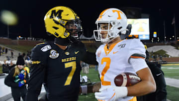COLUMBIA, MISSOURI - NOVEMBER 23: Quarterback Kelly Bryant #7 of the Missouri Tigers and quarterback Jarrett Guarantano #2 of the Tennessee Volunteers meet after their game at Faurot Field/Memorial Stadium on November 23, 2019 in Columbia, Missouri. Tennessee won 24-20. (Photo by Ed Zurga/Getty Images)