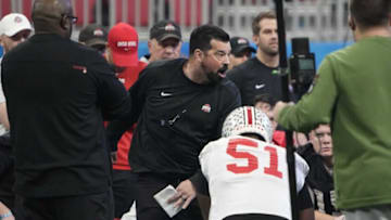 Dec 29, 2022; Atlanta, GA, USA; Ohio State Buckeyes head coach Ryan Day addresses his team during a practice for the Peach Bowl game against the Georgia Bulldogs in the College Football Playoff semifinal at Mercedes Benz Stadium. Mandatory Credit: Adam Cairns-The Columbus DispatchFootball Ohio State Football Media Day