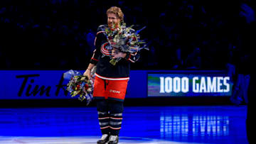 Jan 8, 2022; Columbus, Ohio, USA; Columbus Blue Jackets right wing Jakub Voracek (93) skates on the ice prior to the game against the New Jersey Devils at Nationwide Arena. Jakub Voracek is honoured for playing in his 1,000th game on Thursday night. Mandatory Credit: Aaron Doster-USA TODAY Sports