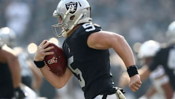 OAKLAND, CA - NOVEMBER 11: Johnny Townsend #5 of the Oakland Raiders runs a fake punt against the Los Angeles Chargers during their NFL game at Oakland-Alameda County Coliseum on November 11, 2018 in Oakland, California. (Photo by Ezra Shaw/Getty Images)