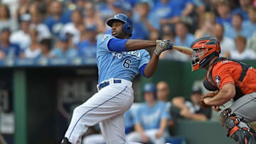 Jun 26, 2016; Kansas City, MO, USA; Kansas City Royals center fielder Lorenzo Cain (6) doubles against the Houston Astros during the seventh inning at Kauffman Stadium. Mandatory Credit: Peter G. Aiken-USA TODAY Sports