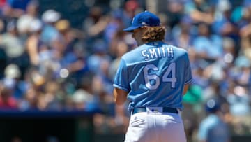 KANSAS CITY, MO - JUNE 03: Kansas City Royals relief pitcher Burch Smith (64) during the MLB American League baseball game against the Oakland Athletics on June 3, 2018 at Kauffman Stadium in Kansas City Missouri. (Photo by William Purnell/Icon Sportswire via Getty Images)