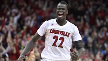 Dec 21, 2016; Louisville, KY, USA; Louisville Cardinals forward Deng Adel (22) reacts after time expired in the second half against the Kentucky Wildcats at KFC Yum! Center. Louisville defeated Kentucky 73-70. Mandatory Credit: Jamie Rhodes-USA TODAY Sports
