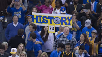 April 13, 2016; Oakland, CA, USA; Golden State Warriors fans hold a sign after the game against the Memphis Grizzlies at Oracle Arena. The Warriors defeated the Grizzlies 125-104. Mandatory Credit: Kyle Terada-USA TODAY Sports