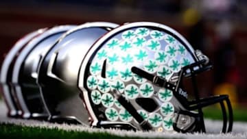 Nov 30, 2013; Ann Arbor, MI, USA; Detailed view of Ohio State Buckeyes helmets prior to the game against the Michigan Wolverines at Michigan Stadium. Mandatory Credit: Andrew Weber-USA TODAY Sports