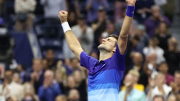 NEW YORK, NEW YORK - SEPTEMBER 10: Novak Djokovic of Serbia celebrates winning match point to defeat Alexander Zverev of Germany during their Men’s Singles semifinal match on Day Twelve of the 2021 US Open at the USTA Billie Jean King National Tennis Center on September 10, 2021 in the Flushing neighborhood of the Queens borough of New York City. (Photo by Matthew Stockman/Getty Images)
