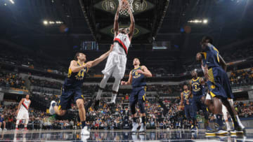 INDIANAPOLIS, IN - OCTOBER 20: Maurice Harkless #4 of the Portland Trail Blazers dunks the ball against the Indiana Pacers on October 20, 2017 at Bankers Life Fieldhouse in Indianapolis, Indiana. NOTE TO USER: User expressly acknowledges and agrees that, by downloading and or using this Photograph, user is consenting to the terms and conditions of the Getty Images License Agreement. Mandatory Copyright Notice: Copyright 2017 NBAE (Photo by Ron Hoskins/NBAE via Getty Images)
