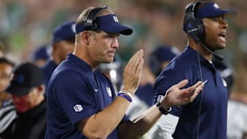 EAST LANSING, MI - AUGUST 31: Head coach Matt Wells of the Utah State Aggies looks on while playing the Michigan State Spartans at Spartan Stadium on August 31, 2018 in East Lansing, Michigan. Michigan State won the game 38-31. (Photo by Gregory Shamus/Getty Images)