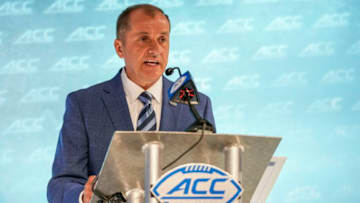 Jul 21, 2021; Charlotte, NC, USA; ACC commissioner Jim Phillips speaks to the media during the ACC Kickoff at The Westin Charlotte. Mandatory Credit: Jim Dedmon-USA TODAY Sports