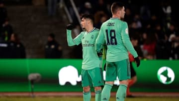 Real Madrid's Spanish midfielder Brahim Diaz (L) celebrates his goal during the Copa del Rey (King's Cup) football match between Unionistas de Salamanca CF and Real Madrid CF at Las Pistas del Helmantico stadium in Salamanca, on January 22, 2020. (Photo by JAVIER SORIANO / AFP) (Photo by JAVIER SORIANO/AFP via Getty Images)