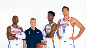OKC Thunder Chris Paul #3, Head Coach Billy Donovan, Shai Gilgeous-Alexander #2, and Danilo Gallinari (Photo by Zach Beeker/NBAE via Getty Images)