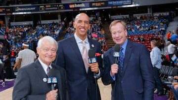 SACRAMENTO, CA - OCTOBER 30: Former NBA player Doug Christie join Sacramento Kings broadcasters Jerry Reynolds and Grant Napear during the game between the Los Angeles Lakers and Sacramento Kings on October 30, 2015 at Sleep Train Arena in Sacramento, California. NOTE TO USER: User expressly acknowledges and agrees that, by downloading and or using this photograph, User is consenting to the terms and conditions of the Getty Images Agreement. Mandatory Copyright Notice: Copyright 2015 NBAE (Photo by Rocky Widner/NBAE via Getty Images)