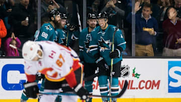Dec 20, 2016; San Jose, CA, USA; San Jose Sharks right wing Joonas Donskoi (27) celebrates scoring against the Calgary Flames in the second period at SAP Center at San Jose. Mandatory Credit: John Hefti-USA TODAY Sports