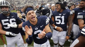 Nov 6, 2021; Provo, Utah, USA; Brigham Young Cougars quarterback Jaren Hall (3) celebrates their victory against the Idaho State Bengals with his teammates at LaVell Edwards Stadium. Mandatory Credit: Jeffrey Swinger-USA TODAY Sports