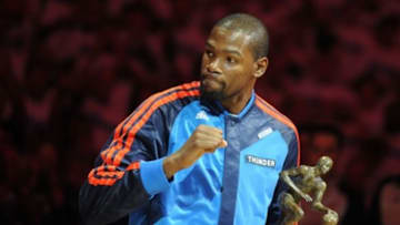 May 7, 2014; Oklahoma City, OK, USA; Oklahoma City Thunder forward Kevin Durant (35) is awarded the NBA Most Valuable Player award prior to action against the Los Angeles Clippers in game two of the second round of the 2014 NBA Playoffs at Chesapeake Energy Arena. Mandatory Credit: Mark D. Smith-USA TODAY Sports