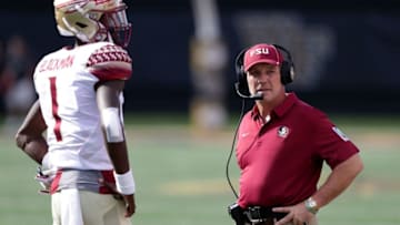 WINSTON SALEM, NC - SEPTEMBER 30: Head coach Jimbo Fisher of the Florida State Seminoles stands with his quarterback James Blackman #1 against the Wake Forest Demon Deacons during their game at BB&T Field on September 30, 2017 in Winston Salem, North Carolina. (Photo by Streeter Lecka/Getty Images)