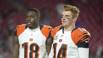 November 22, 2015; Glendale, AZ, USA; Cincinnati Bengals wide receiver A.J. Green (18) and quarterback Andy Dalton (14) before the game against the Arizona Cardinals at University of Phoenix Stadium. Mandatory Credit: Kyle Terada-USA TODAY Sports