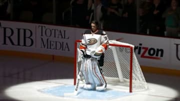Oct 9, 2014; Pittsburgh, PA, USA; Anaheim Ducks goalie John Gibson (36) stands for the national anthem before playing the Pittsburgh Penguins at the CONSOL Energy Center. The Penguins won 6-4. Mandatory Credit: Charles LeClaire-USA TODAY Sports