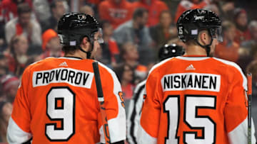 PHILADELPHIA, PA - NOVEMBER 13: Ivan Provorov #9 and Matt Niskanen #15 of the Philadelphia Flyers look on during a stoppage in play against the Washington Capitals on November 13, 2019 at the Wells Fargo Center in Philadelphia, Pennsylvania. (Photo by Len Redkoles/NHLI via Getty Images)