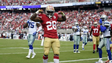 Oct 2, 2016; Santa Clara, CA, USA; San Francisco 49ers running back Carlos Hyde (28) celebrates after running in a touchdown during the second quarter against the Dallas Cowboys at Levi