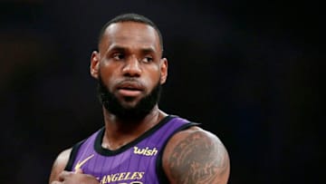 LOS ANGELES, CA - NOVEMBER 23: LeBron James #23 of the Los Angeles Lakers looks on during the game against the Utah Jazz on November 23, 2018 at the STAPLES Center in Los Angeles, California. NOTE TO USER: User expressly acknowledges and agrees that, by downloading and/or using this photograph, user is consenting to the terms and conditions of the Getty Images License Agreement. Mandatory Copyright Notice: Copyright 2018 NBAE (Photo by Chris Elise/NBAE via Getty Images)