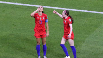 LYON, FRANCE - JULY 02: Alex Morgan of USA celebrates scoring their 2nd goal by pretending to drink a cup of tea during the 2019 FIFA Women's World Cup France Semi Final match between England and USA at Stade de Lyon on July 2, 2019 in Lyon, France. (Photo by Charlotte Wilson/Offside/Offside via Getty Images)