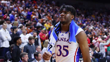DES MOINES, IOWA - MARCH 18: Zuby Ejiofor #35 of the Kansas Jayhawks leaves the court after being defeated by the Arkansas Razorbacks in the second round of the NCAA Men's Basketball Tournament at Wells Fargo Arena on March 18, 2023 in Des Moines, Iowa. (Photo by Michael Reaves/Getty Images)