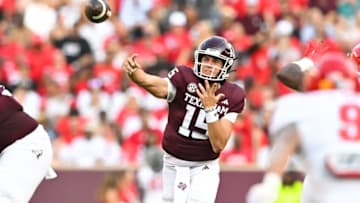 Sep 2, 2023; College Station, Texas, USA; Texas A&M Aggies quarterback Conner Weigman (15) throws a pass during the first quarter against the New Mexico Lobos at Kyle Field. Mandatory Credit: Maria Lysaker-USA TODAY Sports