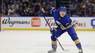 Oct 13, 2022; Buffalo, New York, USA; Buffalo Sabres right wing JJ Peterka (77) makes a pass during the first period against the Ottawa Senators at KeyBank Center. Mandatory Credit: Timothy T. Ludwig-USA TODAY Sports