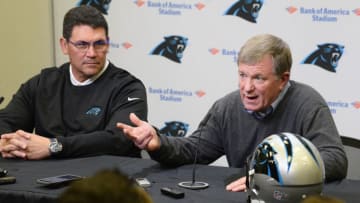 Carolina Panthers head coach Ron Rivera, left, and general manager Marty Hurney discuss the team's draft goals during a news conference at Bank of America Stadium in Charlotte, N.C., on Wednesday, April 17, 2019. (David T. Foster III/Charlotte Observer/TNS via Getty Images)