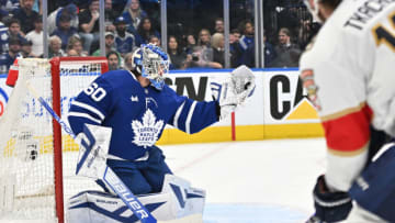 May 12, 2023; Toronto, Ontario, CAN; Toronto Maple Leafs goalie Joseph Woll (60) catches a shot from Florida Panthers forward Matthew Tkachuk (19) in the second period in game five of the second round of the 2023 Stanley Cup Playoffs at Scotiabank Arena. Mandatory Credit: Dan Hamilton-USA TODAY Sports