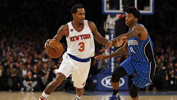 Jan 2, 2017; New York, NY, USA; New York Knicks guard Brandon Jennings (3) drives to the basket defended by Orlando Magic guard Elfrid Payton (4) during the second half at Madison Square Garden. Mandatory Credit: Adam Hunger-USA TODAY Sports